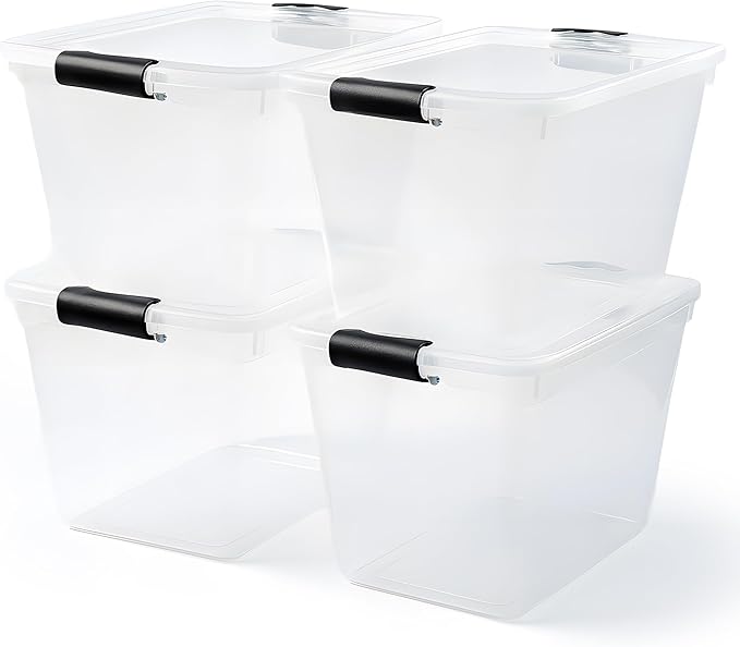 HOMZ 4-Pack Latching Lid, Large Clear Plastic Storage Bins with Lids, 31 Quart, Gray Latch - Stackable Container Boxes for Home, Bathroom, and Office Organization