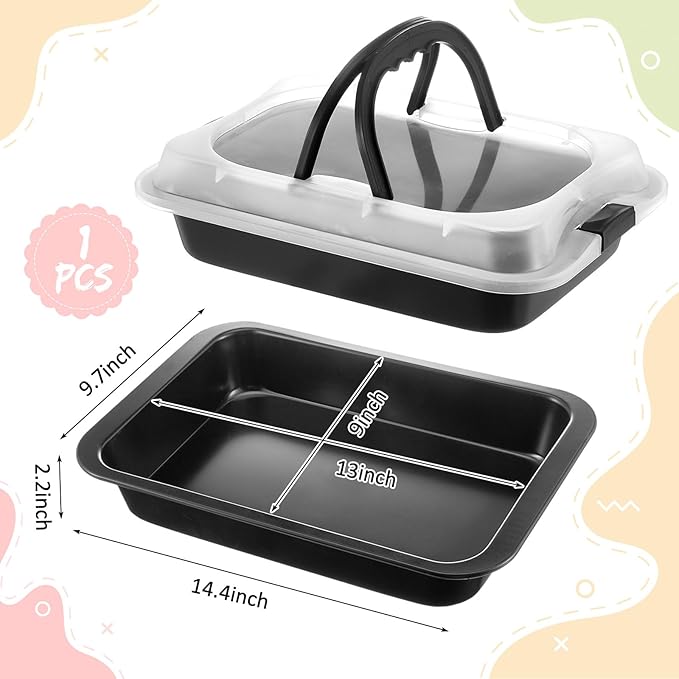1 Pcs Cake Baking Pan with Lid and Handle, 9 x 13 Inch Non-stick Rectangle Sheet Cake Pan Carrier for Brownie Roasting Cooking Baking (Black Gray)
