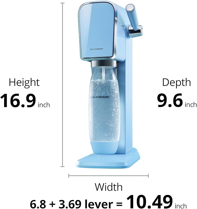 SodaStream - ART Sparkling Water Maker | STARTER KIT | CQC CO2 system | Includes 1x CO2 Cylinder, 1x32 & 1x16 Fl Oz Dishwasher Safe Bottles, 1x Bubly Flavor Drop | Combine with Flavors | Misty Blue
