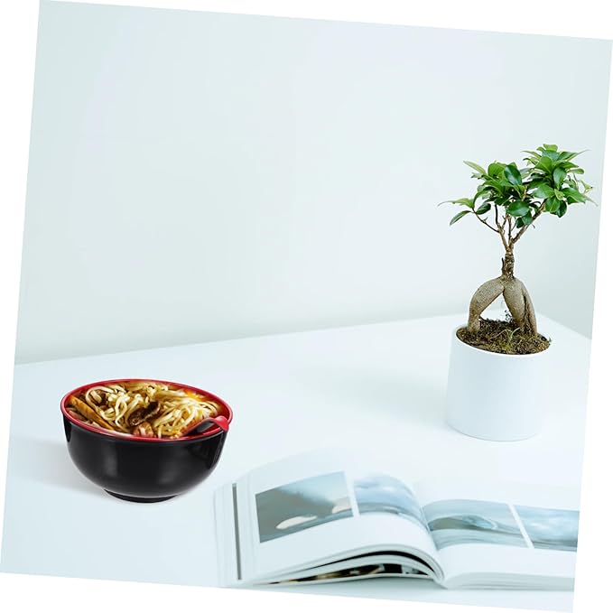 Uonlytech Melamine Ramen Bowl with Spoons Black and Red Multi-function Soup and Rice Bowls Easy-clean Kitchen Tableware for Salad Noodles and Asian Cuisine