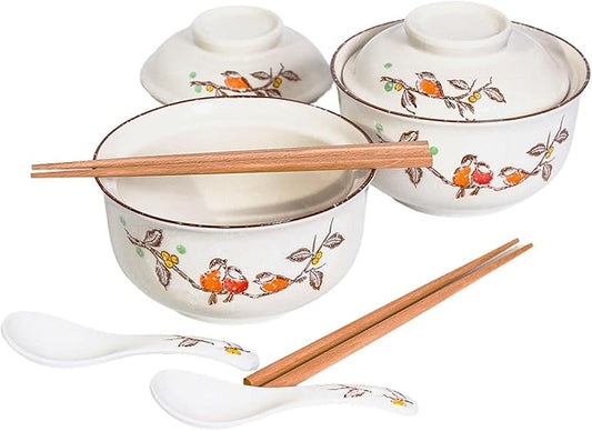 Ceramic Ramen Bowl Set, 800ml, with Lid, Spoon and Chopsticks, Japanese Vintage Large Soup Bowls Instant Noodle Bowl Asian Tableware (Dird*2)