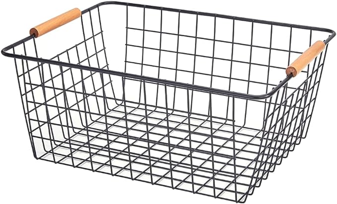 LeleCAT Large black wire baskets with Wooden Handles for storage pantry, Storage Organizer Baskets, Household Refrigerator for Cabinets, Closets, Bedrooms, kitchen - Set of 3 Black