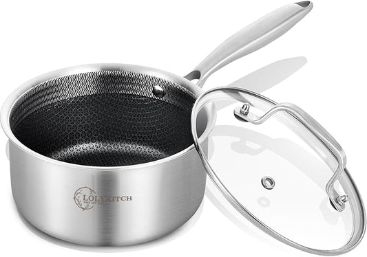 LOLYKITCH 1.5 QT Hybrid Tri-Ply Stainless Steel Non-Stick Saucepan with Lid,Induction Sauce Pot,Dishwasher and Oven Safe.