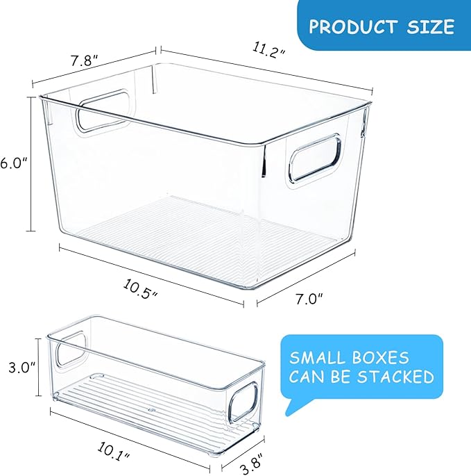 Clear Plastic Storage Bins-8 Pcs Pantry Organizers and Storage Containers with 4 Large (11"x8"x6") and 4 Small Snack Containers, Home Organization for Bathroom, Kitchen, Closet and Office