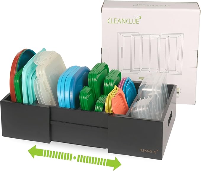 Expandable Kitchen Cabinet Organizer for Food Storage Container Lids, Bamboo Drawer Caddy Adjustable Dividers, Box for Kitchen Storage and Organization, Lids Organizer for Cabinet (Black)