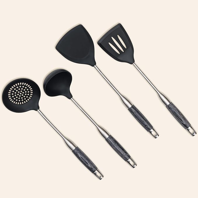 FJNATINH Silicone Wok Spatula,Turner,Ladle,Skimmer,Stainless Steel Wok Tools,Wok Utensil,Non Stick Heat-Resistant Cooking Utensils BPA Free Kitchen Utensils Cookware (Black Stainless Steel-4PCS)