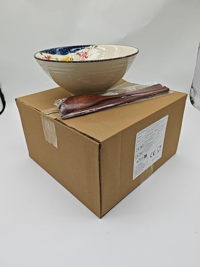 40 OZ ceramic ramen bowls, 8 IN large Japanese noodle soup bowl, match chopsticks and spoons, suitable for Pho, Udon Asian noodles (Colorful flowers)