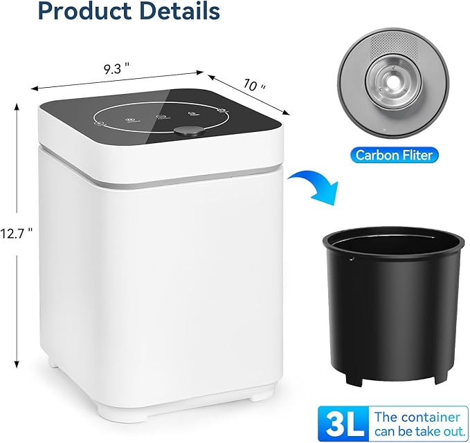 3L Kitchen Smart Electric Countertop Composter with LED Display and Auto-Cleaning, Turns Food Waste into Fertilizer with Replaceable Carbon Filter, Bio-Pack for Fermentation