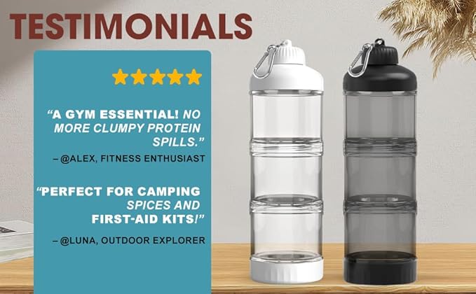 BYLWORKOUT 3 Layers Protein Travel Container with Funnel and Keychain | Cute Protein and Kitchen Storage Containers | Clear Plastic Kitchen Grade Box Organisers for Workout and Travel (White)