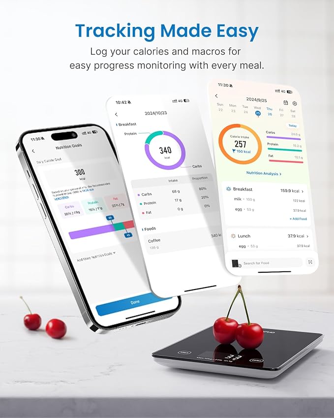 RENPHO Digital Kitchen Scale, Smart Food Weight Scale with Nutritional Calculator, Gram Scale for Weight Loss Cooking Baking Keto Macro Diet, Black Glass, 22lb/10kg