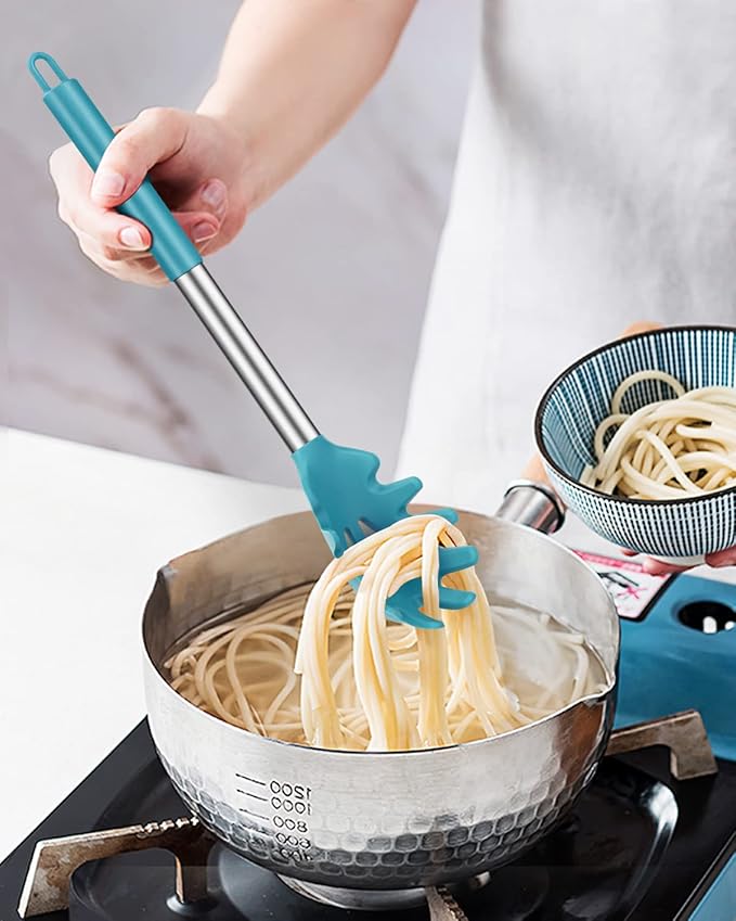 Pack of 2 Silicone Pasta Fork, Kitchen Heat Resistant Noodle Spoon Server, BPA Free Spaghetti Strainer, Best Cooking Tools (GRAY-BLUE)