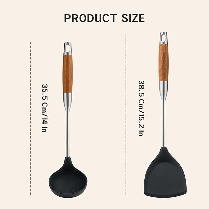 FJNATINH Silicone Spatula and Ladle Tool Set - Wok Tools, Wok Utensil,Stainless Steel Non Stick Heat-Resistant Kitchen Utensils BPA Free Cooking Utensils Cookware Wooden Handle,2 Pieces