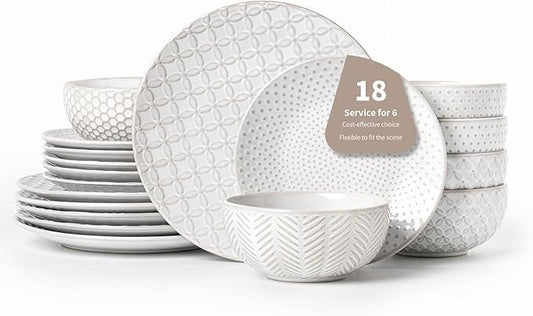 18 Piece Embossed Dinnerware Sets for 6, Scratch-Resistant Plates and Bowls Sets, Microwave & Dishwasher Safe, Elegant Stoneware for Family Gatherings – A Gift for Growing Households