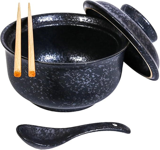 Ceramic Ramen Bowl Set, 800ml, with Lid, Spoon and Chopsticks, Japanese Vintage Large Soup Bowls Instant Noodle Bowl Asian Tableware (Black*1)