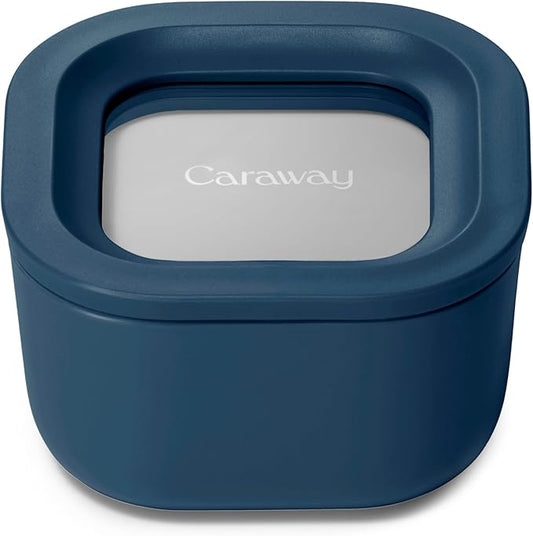 Caraway Mini Square Food Storage Container - 1.75 Cup Glass Storage Container for Food - Non-Toxic Ceramic-Coated Glass - Air Release Technology - Compact & Stackable Design - Navy