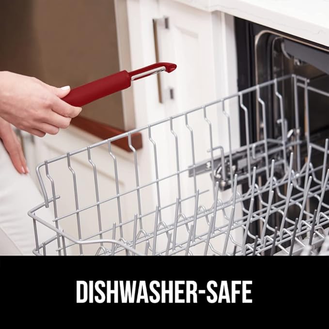 GORILLA GRIP Patented BPA-Free Sharp Stainless Steel Dual Swivel Vegetable Peeler, Soft Comfortable Handle, Smoothly Peel Apples, Potatoes, Carrots, Includes Blade Cover, Kitchen Tool Peelers, Red