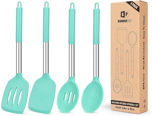 Pack of 4 Silicone Cooking Utensils Set, Non Stick Large Solid Spatulas, Heat Resistant Blue Slotted Spoons, Ideal BPA Free Kitchen Turners for Frying, Mixing,Serving,Draining,Turning,Stirring