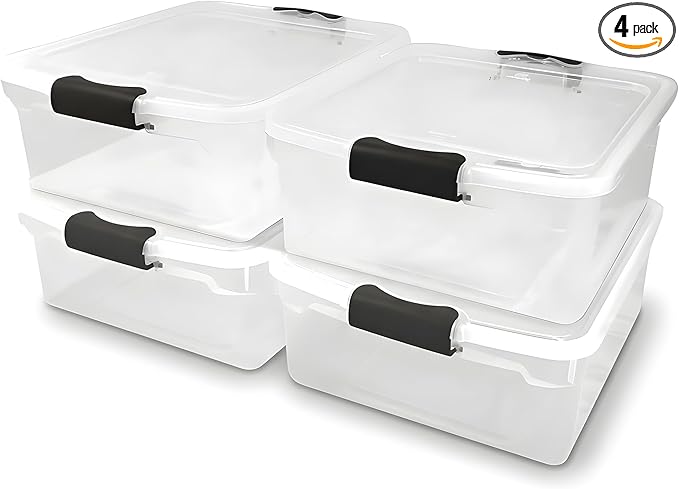 HOMZ 4-Pack Latching Lid, Clear Plastic Storage Organizer Bins, 15.5 Quart, Gray Latch - Stackable Organizing Containers for Home, Garage, and Office