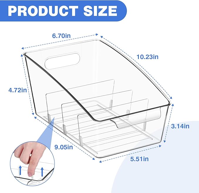 2 Pack Clear Pantry Organizer Storage Bins Removable Snack Organizer Plastic Cabinet Organizers Racks with 3 Dividers, Refrigerator Bins, Kitchen Organization Kitchen Storage