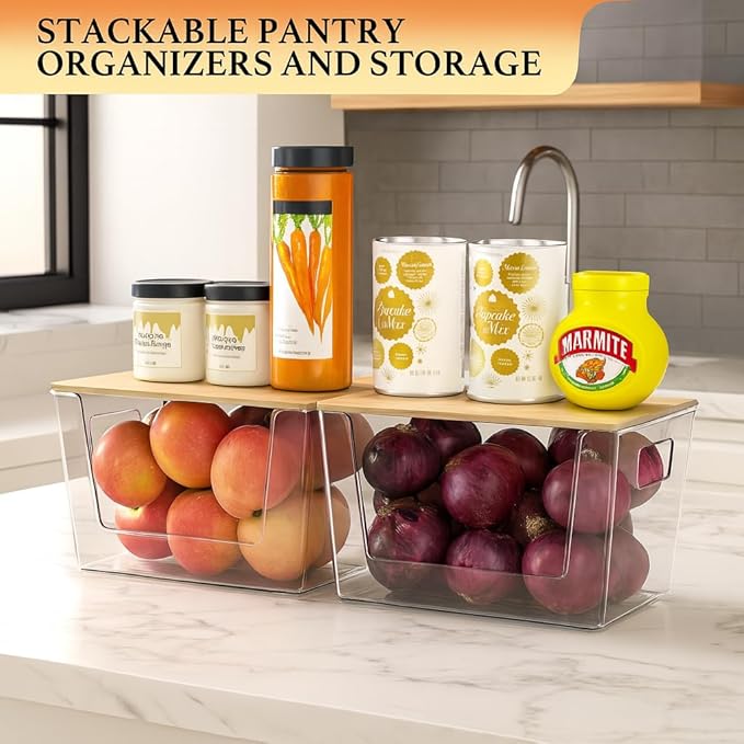 2 Set Pantry Organizers and Storage - Kitchen Organizer with Bamboo Lid for Fruit, Onion, Potato, Vegetable - Clear Stackable Bins for Kitchen Cabinet, Refrigerator, Home Organization