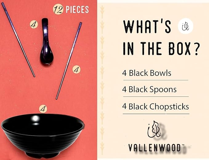 4 Ramen Bowls, 12 pieces Pho set. All Black Asian Japanese soup. Utensil: Spoons And Chopsticks kit. Melamine. Large 37 oz. Noodles, Rice, Udon, Thai, Chinese, Korean, Wonton, Miso