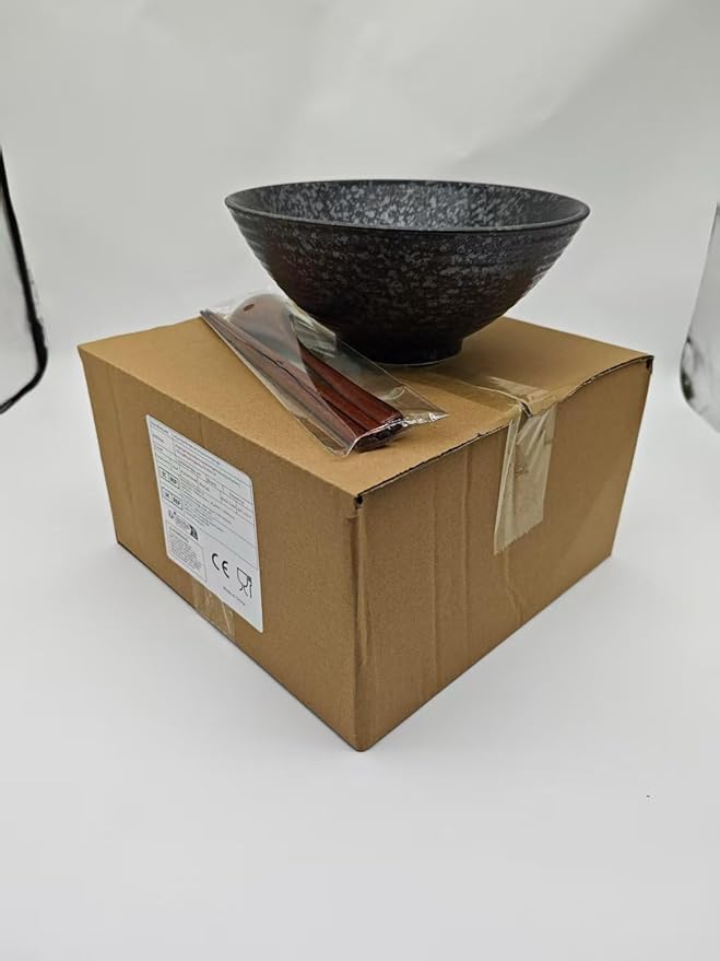40 OZ ceramic ramen bowls, 8 IN large Japanese noodle soup bowl, match chopsticks and spoons, suitable for Pho, Udon Asian noodles (Black color)