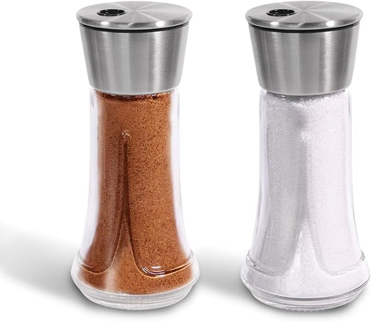 Glass Salt Pepper Shaker Set - 4 OZ Salt Shaker with Adjustable Pour Holes for Kitchen, Cooking, and BBQ Use