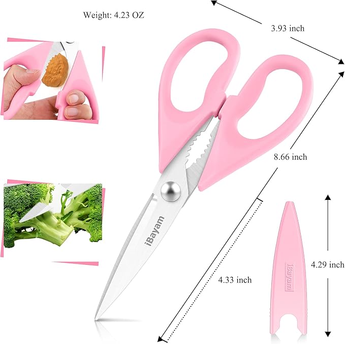iBayam Kitchen Scissors - All Purpose Heavy Duty Meat Scissors, Poultry Shears, Dishwasher Safe, Stainless Steel, 2-Pack, Pastel Pink, Mint Blue