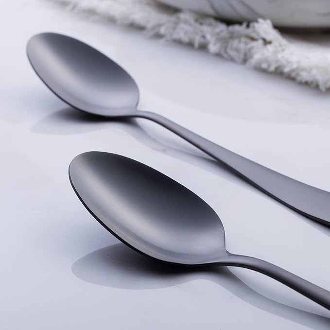 Matte Black Dinner Spoon, GoGeiLi Stainless Steel Satin Finish 7.8-inch Silverware Flatware Spoon Set, Service for 6, Dishwasher Safe