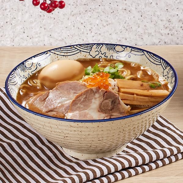 40 OZ ceramic ramen bowls, 8 IN large Japanese noodle soup bowl, match chopsticks and spoons, suitable for Pho, Udon Asian noodles (Japanese fish)