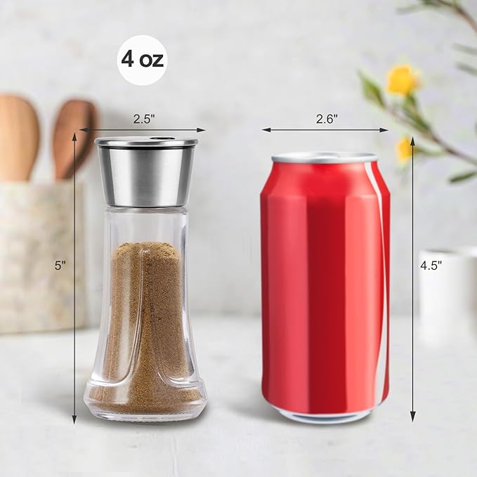 Glass Salt Pepper Shaker Set - 4 OZ Salt Shaker with Adjustable Pour Holes for Kitchen, Cooking, and BBQ Use