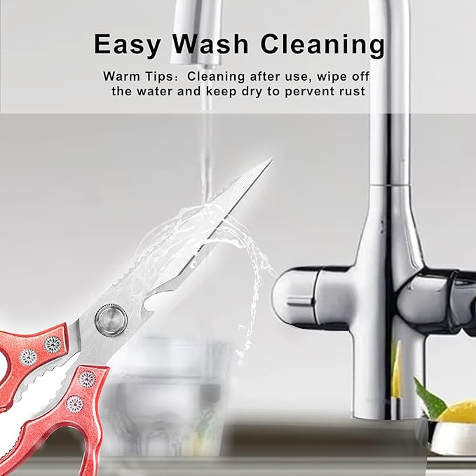 Heavy Duty Sharp Kitchen Scissors, Dishwasher Safe, Cooking Shears for Meat, Chicken, Fish, Poultry, Herb, Bread (Red)