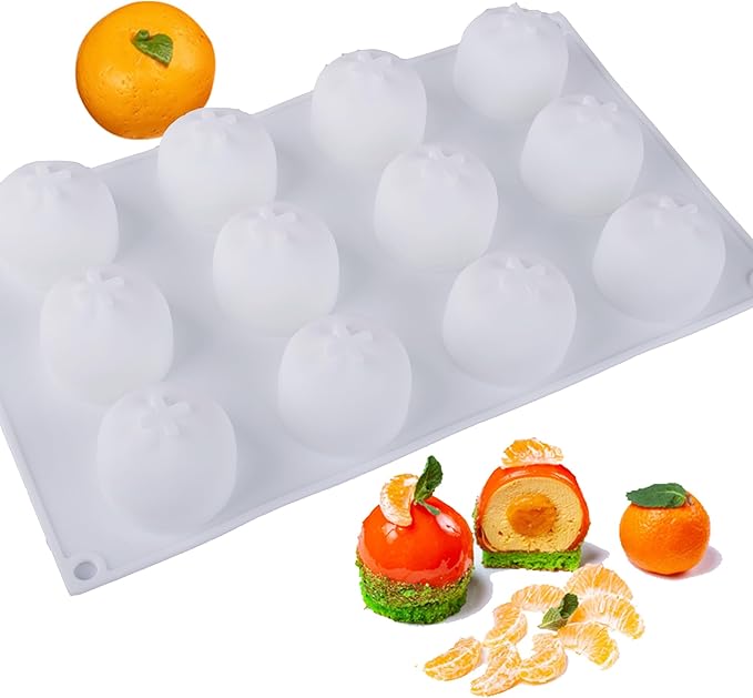 OCPO KITCHEN Orange Silicone Mold for Baking Mousse Cake, Candy, Chocolate, French Fruit Dessert, Pastry, Cupcake, Ice Cream, Pudding, Cake Decoration Mold, 3D Orange Shape (12-Cavity)
