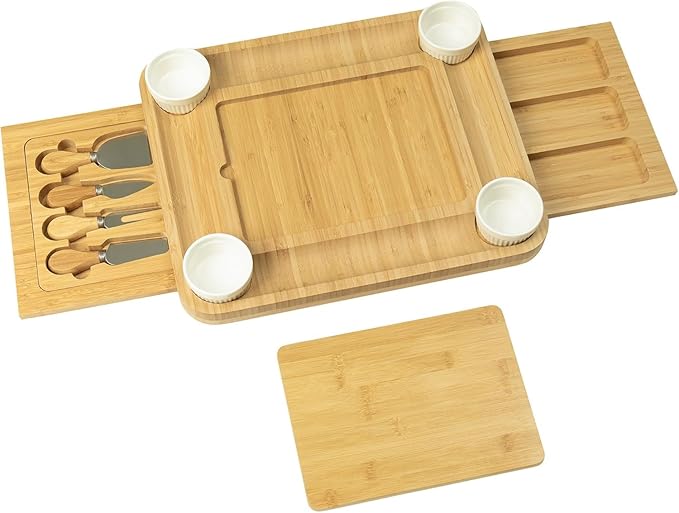 Charcuterie Board Set - Bamboo Cheese Board & Serving Tray with Stainless Steel Knives and Bowls, Housewarming Gifts New Home, Gift for Wedding Couple, Bridal Shower (NLB, 02)