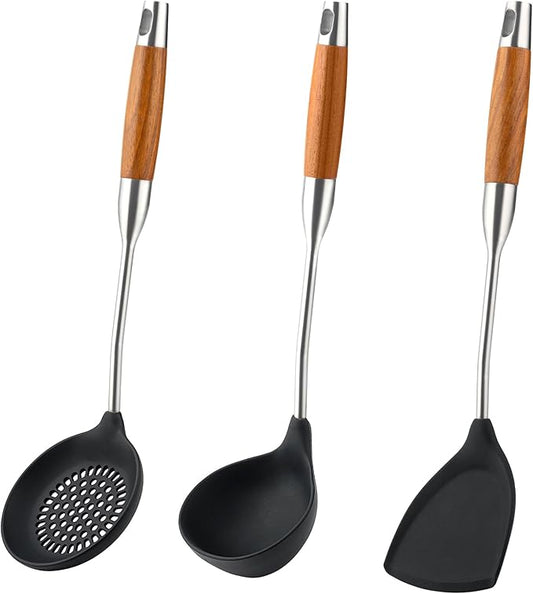 FJNATINH Silicone Wok Spatula,Ladle,Skimmer - Stainless Steel Wok Tools, Wok Utensil - Resistant Cooking Utensils BPA Free Kitchen Utensils Cookware Wooden Handle,3 Pieces