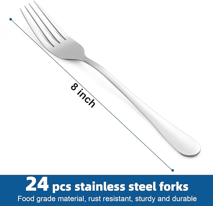 24 Piece Dinner Forks Set, Food-Grade Stainless Steel Forks Silverware, Cutlery Forks, Dessert Forks, Metal Forks for Home, Kitchen or Restaurant, Mirror Polished, Dishwasher Safe - 8 Inch