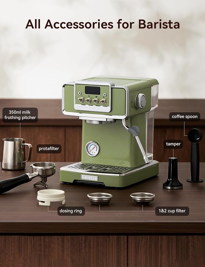 Neretva Espresso Machine, 58mm Professional Espresso Coffee Machine 15 Bar Retro Espresso Maker with Powerful Milk Frother & Visible Pressure Gauge for Home Barista Latte and Cappuccino Maker-Green