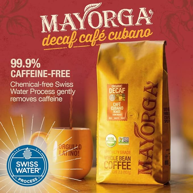 Mayorga Decaf Dark Roast 5lb Bag Cafe Swiss Water Decaffeinated Cubano Roast 100% Arabica Whole Coffee Beans - Smoothest Organic Coffee - Specialty Grade, Non-GMO, Direct Trade