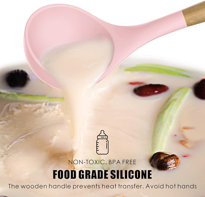 Silicone Kitchen Utensils Set - 446°F Heat Resistant Cooking Utensil Sets, Spatula,Turner,Tongs,Spoon,Brush,Whisk, Wooden Handle Silicone Kitchen Gadgets Tools for Non-Stick Cookware BPA Free (Pink)