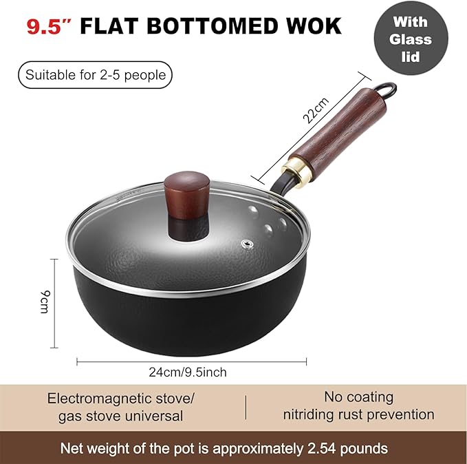 Carbon Steel Wok Pan, 9.5" Woks & Stir-Fry Pans with Glass Lid Cookwares, Nonstick Wok Flat Bottom Small Handmade Chinese Wok For for All Stoves