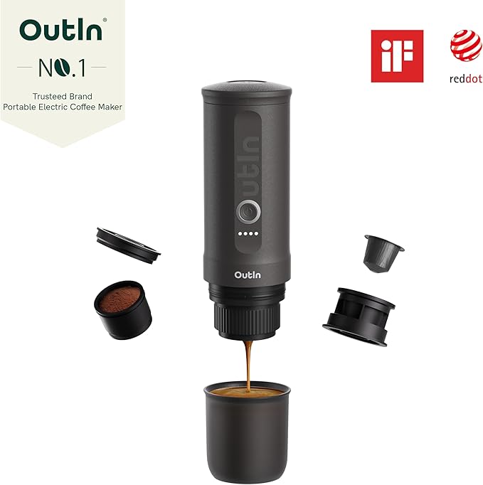 OutIn Nano Portable Electric Espresso Machine, Travel Coffee Maker for Camping, Car Coffee Maker Self-Heating with USB-C, With Ground Coffee & NS Capsule for RV, Hiking, Office