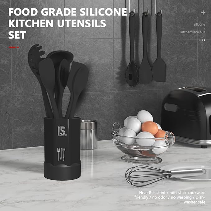 Silicone Cooking Utensils Set - 446°F Heat Resistant Kitchen Utensils,Turner Tongs,Spatula,Spoon,Brush,Whisk,Kitchen Utensil Gadgets Tools Set for Nonstick Cookware,Dishwasher Safe (BPA Free)