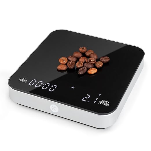 KitchenTour CaféMetric Coffee Scale with timer 0.1g/2000g - Precision Scale for Espresso & Pour over - Water flow Speed Mode and Coffee powder-to-liquid ratio Mode - Rechargeable, LCD Display - Silver