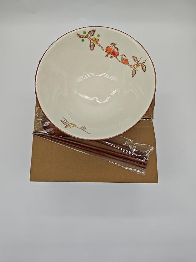 40 OZ ceramic ramen bowls, 8 IN large Japanese noodle soup bowl, match chopsticks and spoons, suitable for Pho, Udon Asian noodles (Flowers and birds)