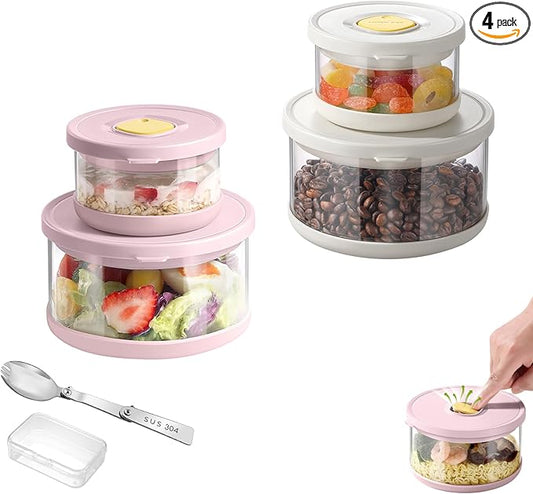 Glass Food Storage Containers with Airtight Lids, 33.8oz & 11.8oz High-Borosilicate Glass Meal Prep Containers with Spork, Bento Lunch Boxes for Salad, Ramen, Soup, Fruit - 4 Pack, Pink/White