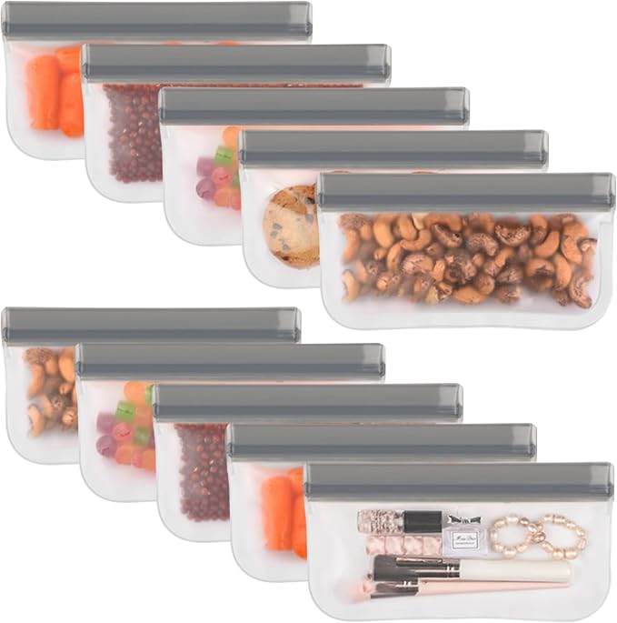 Lerine 10 Pack Reusable Snack Bags Dishwasher Safe, BPA Free Food Storage Bags, Extra Thick Leak-proof Reusable Freezer Bags for Candy, Snack, Cereal, Travel Items, Home Organization (Gray, 10 Snack)