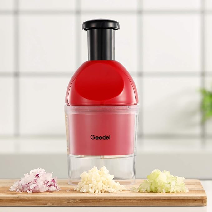 Geedel Food Chopper, Easy to Clean Manual Hand Vegetable Chopper Dicer, Dishwasher Safe Slap Onion Chopper for Veggies Onions Garlic Nuts Salads Red