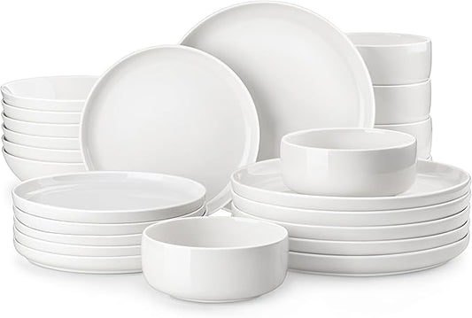 MALACASA Plates and Bowls Sets, 24 Pieces Modern Porcelain Dinnerware Set for 6 Ceramic Dishware Dishes White Kitchen Dinner Dining Ware Set Microwave and Dishwasher Safe, Series LUNA