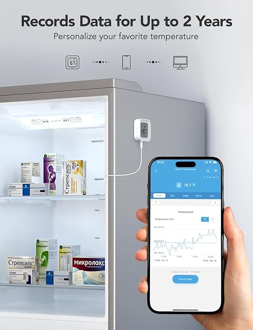 GoveeLife WiFi Refrigerator Thermometer with Alarm, Wireless Digital Freezer Temperature Gauge with App Control, LCD Display, 2 Years Free Data Export, for Fridge Hot Tub (Only Support 2.4G WiFi)