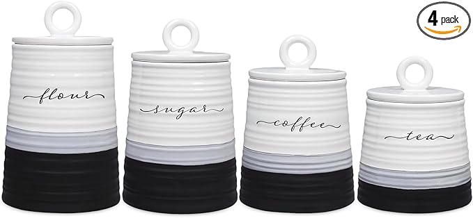 Young's Inc. 4 Pcs Set Rustic Modern Ceramic Canisters- Storage Container for Kitchen and Bathroom - Beautiful Home Decor Accent to Store Food, Coffee, Tea, and More - Black, White
